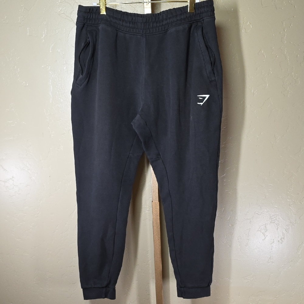 Gymshark Black Slim Fit Joggers Sweatpants with White Logo Womens Large